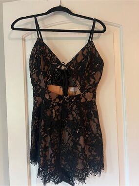 Black Lace Overlay Nude Romper in Sz Med